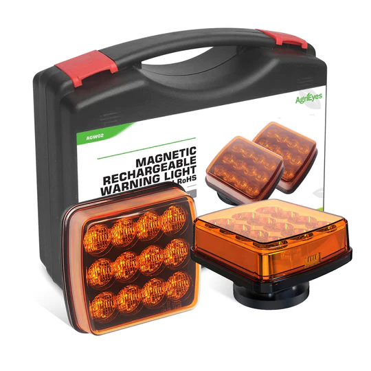 AgriEyes magnetic rechargeable warning lights, two orange strobe lights displayed with their portable black carrying case featuring product specifications on a white background.