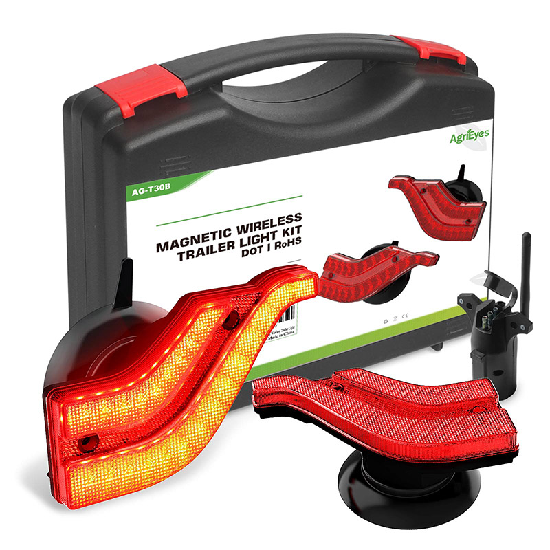 AgriEyes magnetic wireless trailer light kit, featuring red LED lights with a sleek design, displayed alongside a black carrying case with product details on a white background.