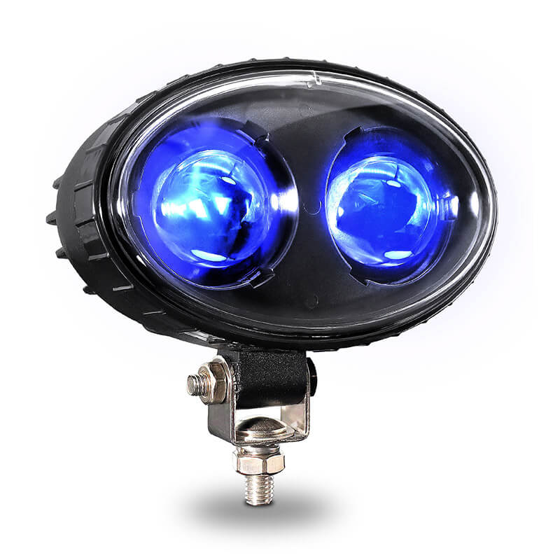 Dual blue LED warning light in a black housing with adjustable metal mounting bracket, designed for high visibility and emergency signaling.