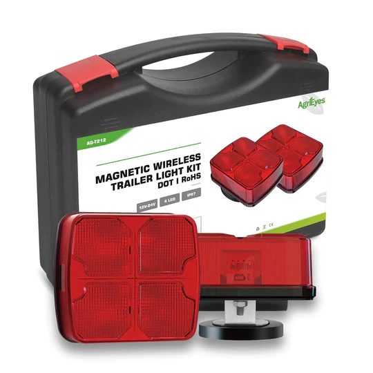 AgriEyes magnetic wireless trailer light kit, featuring red LED lights, displayed with a black carrying case with product details and specifications, designed for easy installation and enhanced trailer visibility.
